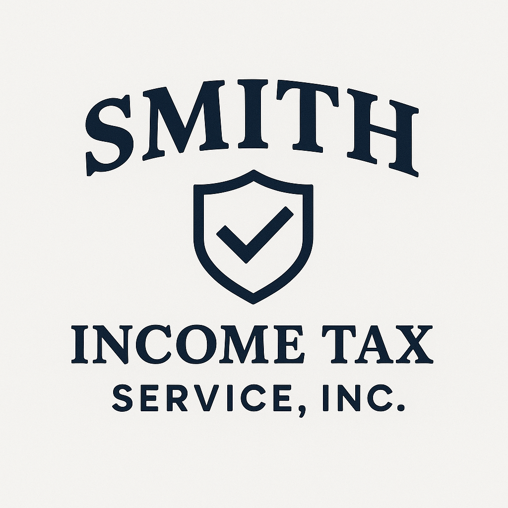 logo of shield with checkmark and text of "Smith income tax service, inc"
